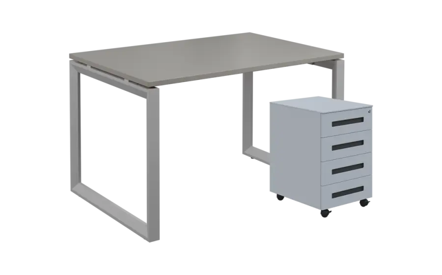 SET-OK 328 stůl kancelářský, kovová podnož stříbrná + kontejner pojízdný, 4-zásuvkový, šedá